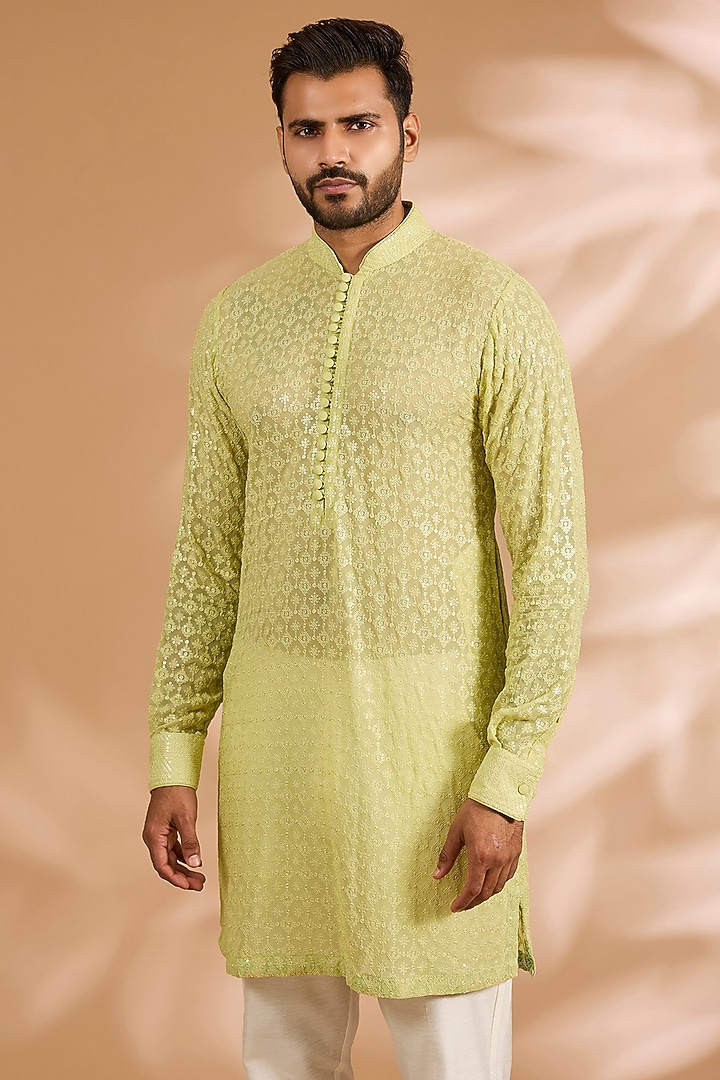 Lime Green Georgette Thread Embroidered Kurta Set by Rabani & Rakha Men at Pernia's Pop Up Shop