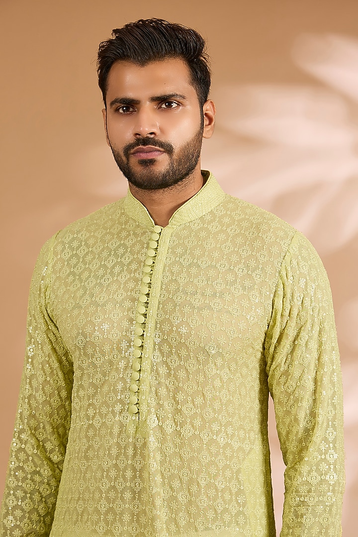 Lime Green Georgette Thread Embroidered Kurta Set by Rabani & Rakha Men at Pernia's Pop Up Shop