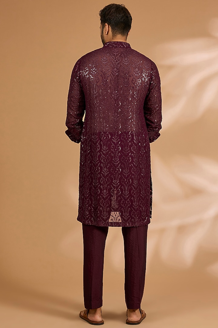 Ox-Blood Georgette Sequins Work Kurta Set by Rabani & Rakha Men at Pernia's Pop Up Shop
