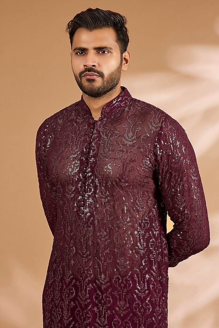 Ox-Blood Georgette Sequins Work Kurta Set by Rabani & Rakha Men at Pernia's Pop Up Shop