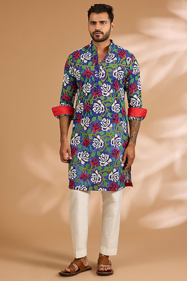 Indigo Blue Georgette Printed Kurta Set by Rabani & Rakha Men at Pernia's Pop Up Shop