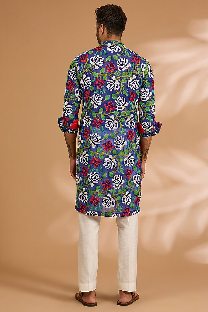 Indigo Blue Georgette Printed Kurta Set by Rabani & Rakha Men at Pernia's Pop Up Shop