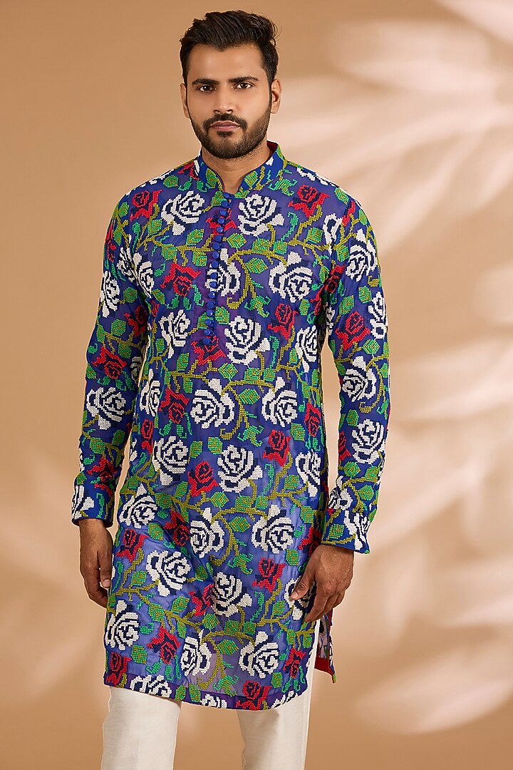 Indigo Blue Georgette Printed Kurta Set by Rabani & Rakha Men at Pernia's Pop Up Shop