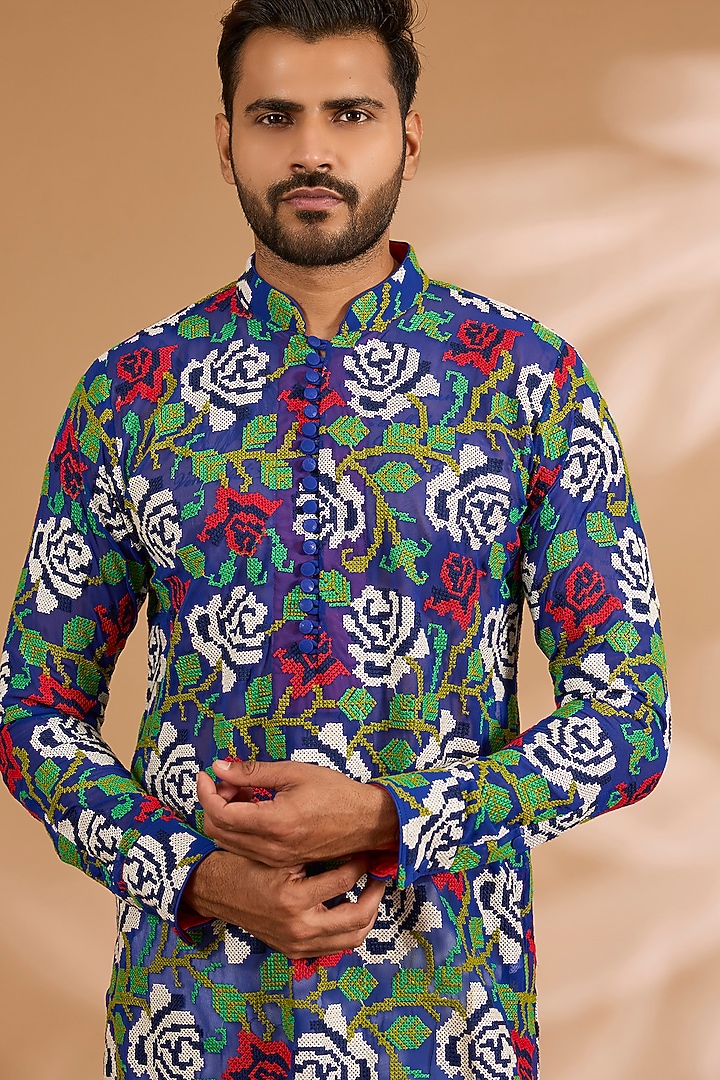 Indigo Blue Georgette Printed Kurta Set by Rabani & Rakha Men at Pernia's Pop Up Shop