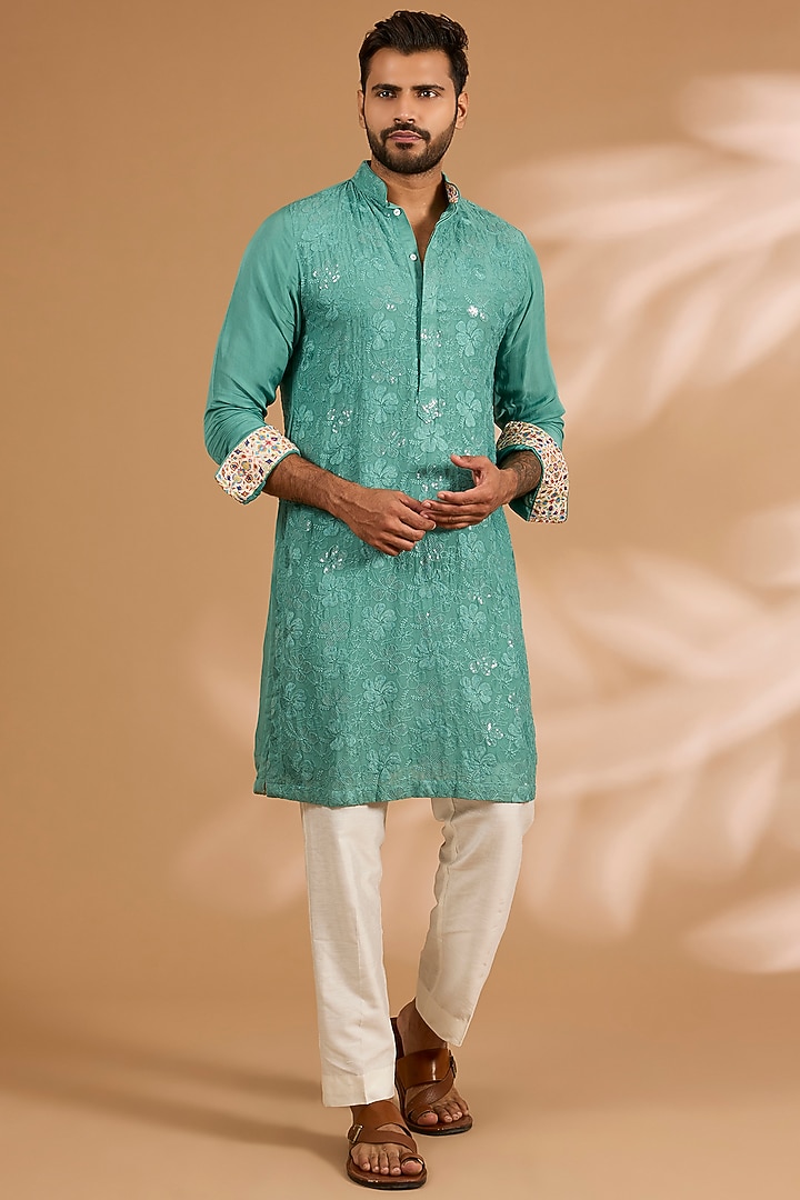 Aqua Green Georgette Printed & Thread Embroidered Kurta Set by Rabani & Rakha Men at Pernia's Pop Up Shop