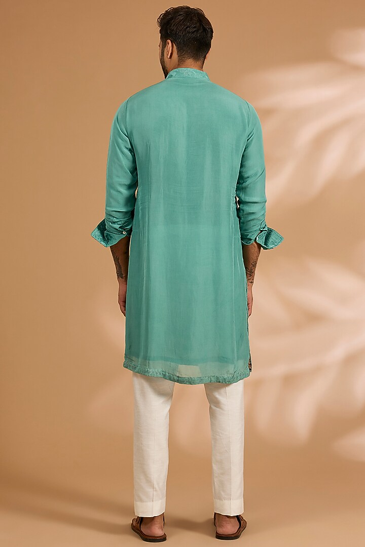Aqua Green Georgette Printed & Thread Embroidered Kurta Set by Rabani & Rakha Men at Pernia's Pop Up Shop