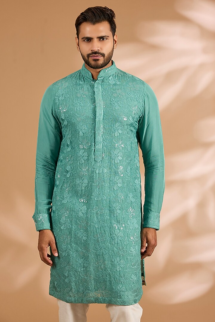 Aqua Green Georgette Printed & Thread Embroidered Kurta Set by Rabani & Rakha Men at Pernia's Pop Up Shop