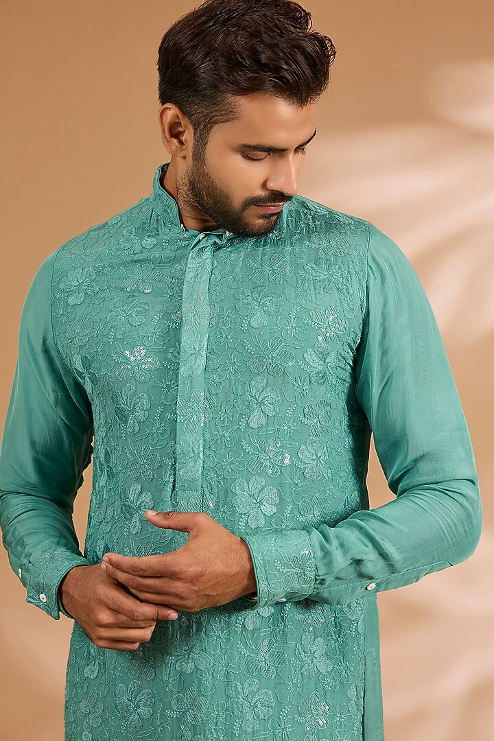 Aqua Green Georgette Printed & Thread Embroidered Kurta Set by Rabani & Rakha Men at Pernia's Pop Up Shop