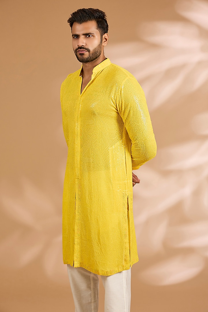 Yellow Georgette Thread Embroidered Kurta Set by Rabani & Rakha Men at Pernia's Pop Up Shop