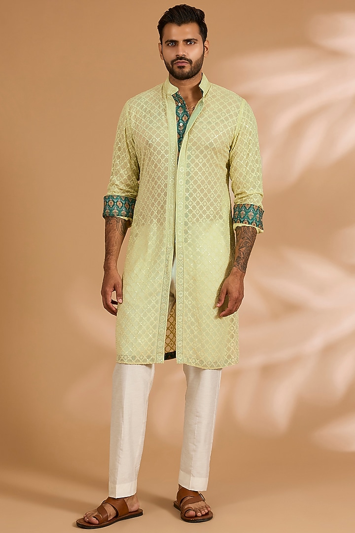 Lime Green Georgette Thread Embroidered Kurta Set by Rabani & Rakha Men at Pernia's Pop Up Shop