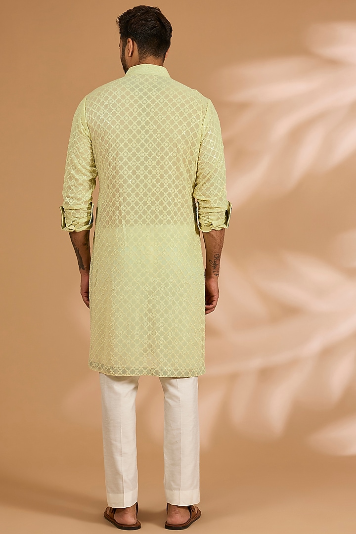 Lime Green Georgette Thread Embroidered Kurta Set by Rabani & Rakha Men at Pernia's Pop Up Shop