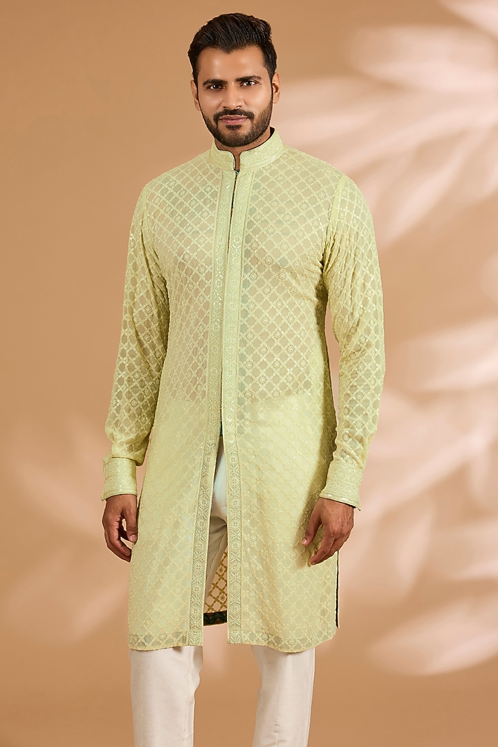 Lime Green Georgette Thread Embroidered Kurta Set by Rabani & Rakha Men at Pernia's Pop Up Shop