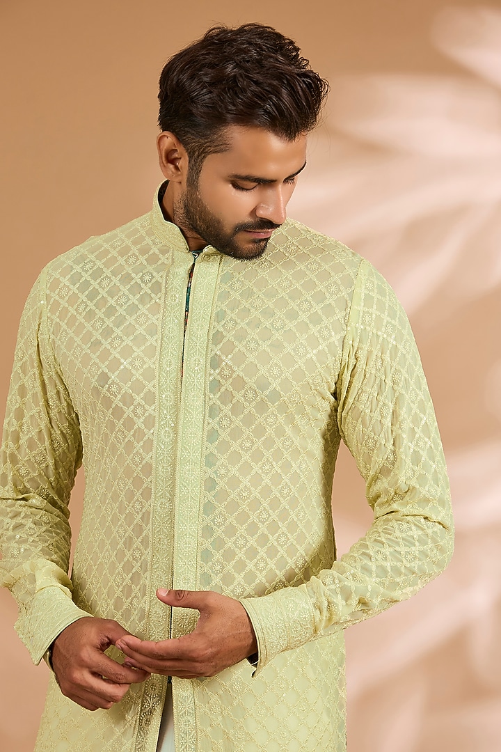 Lime Green Georgette Thread Embroidered Kurta Set by Rabani & Rakha Men at Pernia's Pop Up Shop