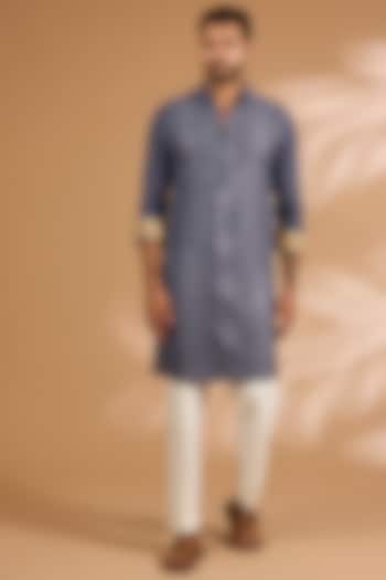 Teal Grey Georgette Printed & Thread Embroidered Kurta Set by Rabani & Rakha Men at Pernia's Pop Up Shop