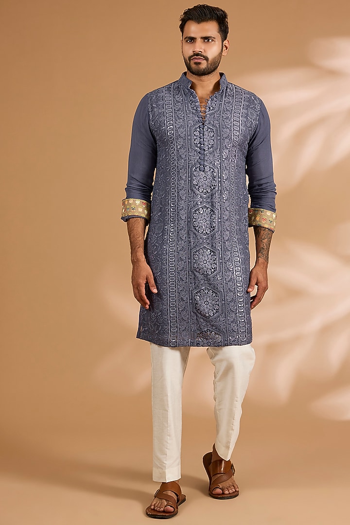 Teal Grey Georgette Printed & Thread Embroidered Kurta Set by Rabani & Rakha Men at Pernia's Pop Up Shop