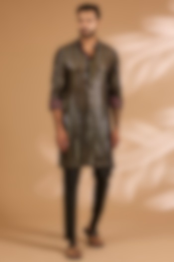 Black Georgette Printed & Sequins Embroidered Kurta Set by Rabani & Rakha Men at Pernia's Pop Up Shop