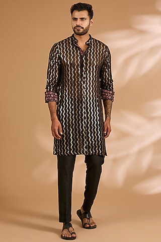 Black Georgette Printed & Sequins Embroidered Kurta Set by Rabani & Rakha Men