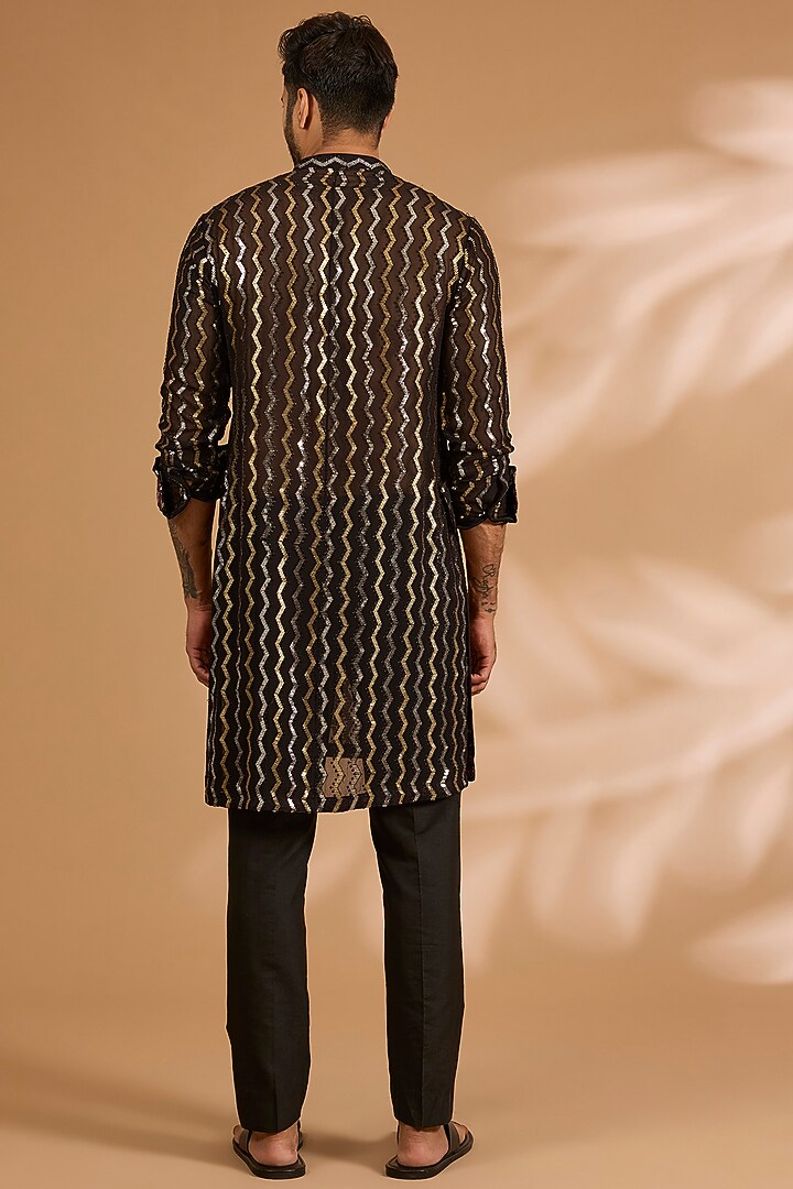 Black Georgette Printed & Sequins Embroidered Kurta Set by Rabani & Rakha Men at Pernia's Pop Up Shop