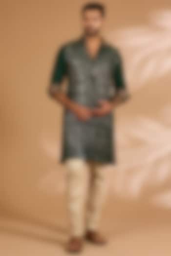 Forest Green Georgette Printed & Sequins Embroidered Kurta set by Rabani & Rakha Men at Pernia's Pop Up Shop