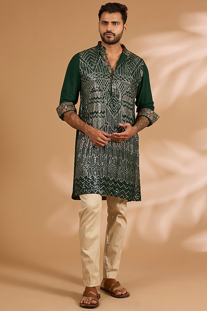 Forest Green Georgette Printed & Sequins Embroidered Kurta set by Rabani & Rakha Men at Pernia's Pop Up Shop