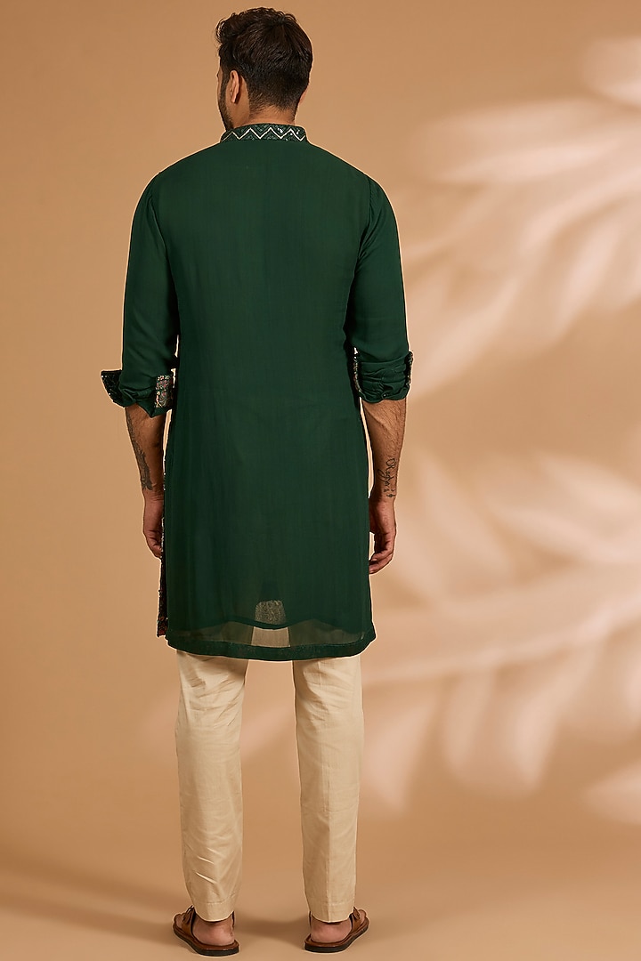 Forest Green Georgette Printed & Sequins Embroidered Kurta set by Rabani & Rakha Men at Pernia's Pop Up Shop
