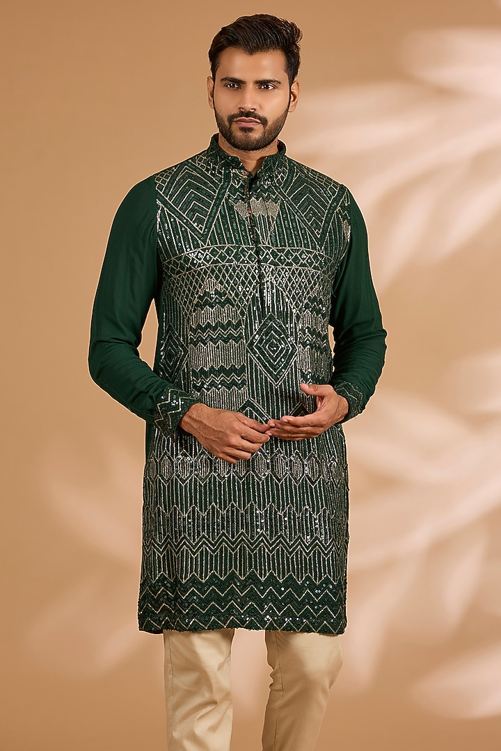 Forest Green Georgette Printed & Sequins Embroidered Kurta set by Rabani & Rakha Men at Pernia's Pop Up Shop