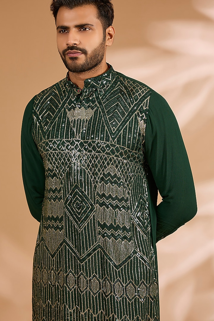 Forest Green Georgette Printed & Sequins Embroidered Kurta set by Rabani & Rakha Men at Pernia's Pop Up Shop