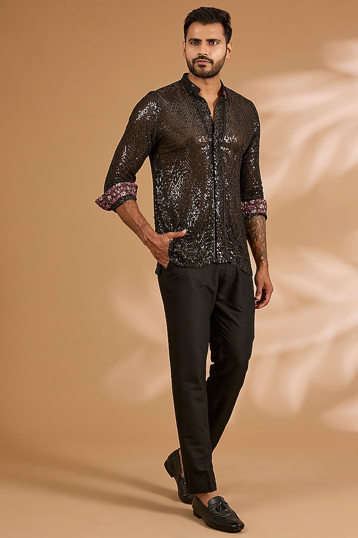 Black Georgette & Cotton Silk Pant Set by Rabani & Rakha Men at Pernia's Pop Up Shop
