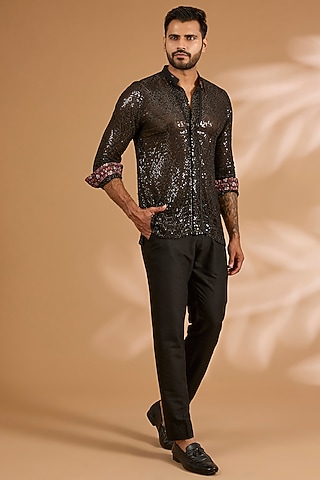 Black Georgette & Cotton Silk Pant Set by Rabani & Rakha Men