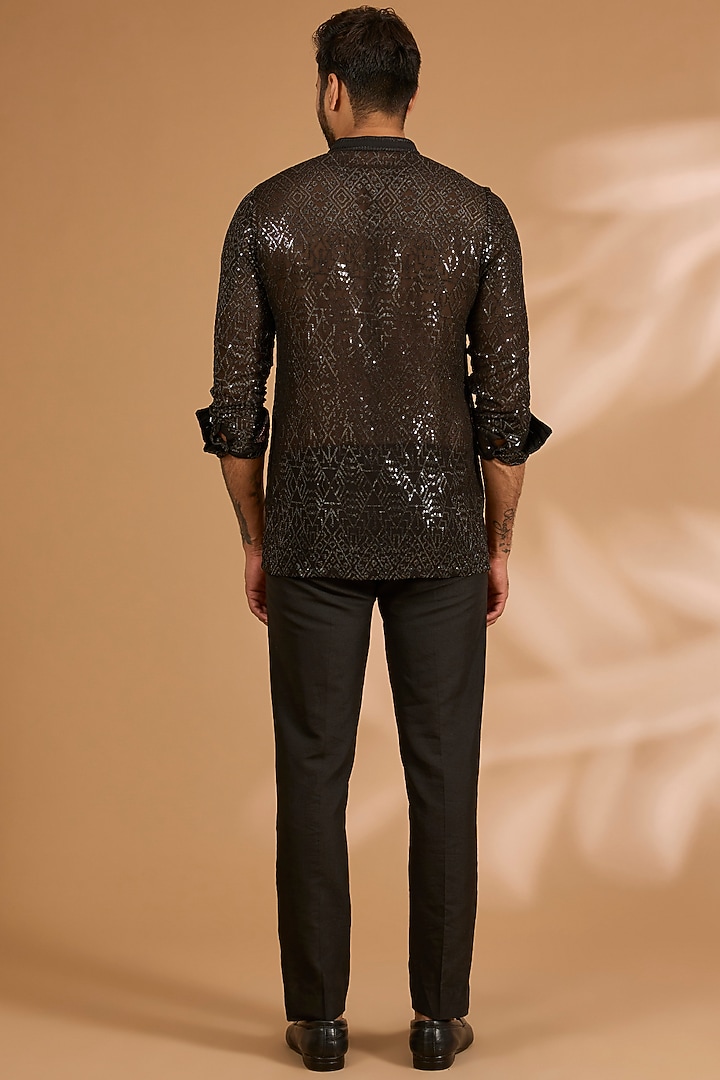 Black Georgette & Cotton Silk Pant Set by Rabani & Rakha Men at Pernia's Pop Up Shop