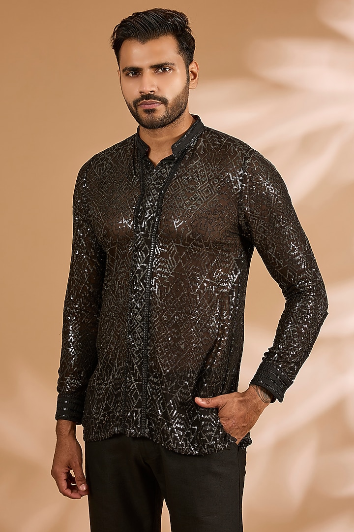 Black Georgette & Cotton Silk Pant Set by Rabani & Rakha Men at Pernia's Pop Up Shop