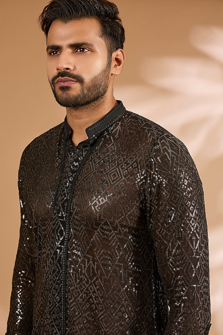 Black Georgette & Cotton Silk Pant Set by Rabani & Rakha Men at Pernia's Pop Up Shop