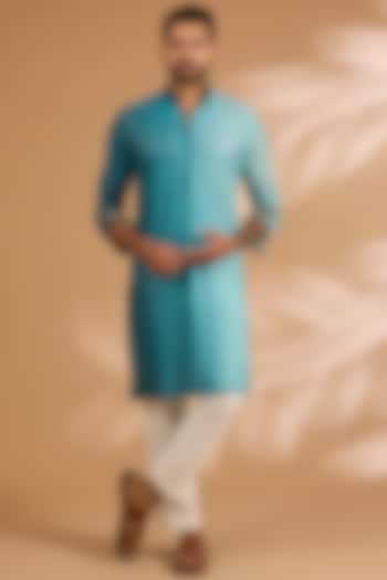 Turquoise Shaded Georgette Thread Embroidered Kurta Set by Rabani & Rakha Men at Pernia's Pop Up Shop