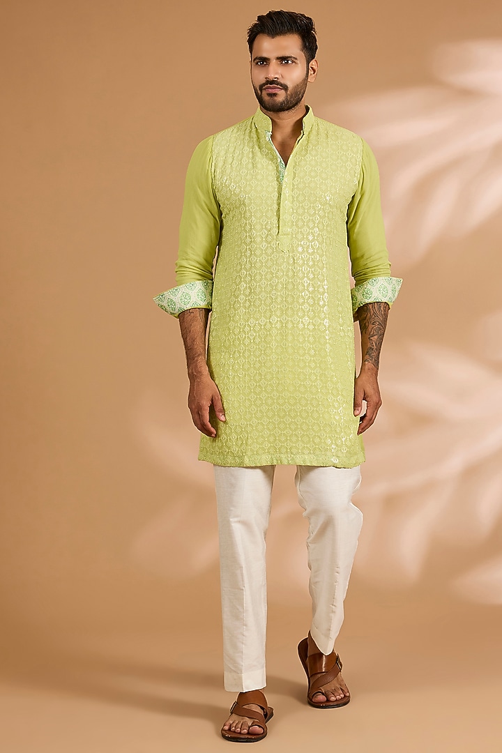 Lime Green Georgette Thread Embroidered Kurta Set by Rabani & Rakha Men at Pernia's Pop Up Shop