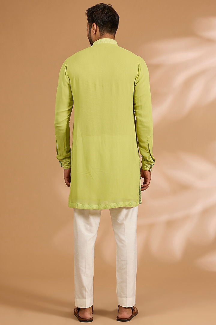 Lime Green Georgette Thread Embroidered Kurta Set by Rabani & Rakha Men at Pernia's Pop Up Shop