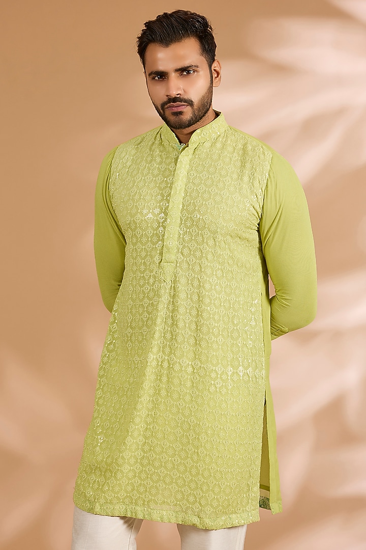 Lime Green Georgette Thread Embroidered Kurta Set by Rabani & Rakha Men at Pernia's Pop Up Shop