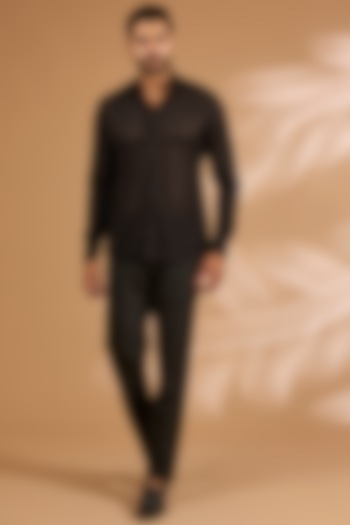 Black Georgette & Cotton Silk Pant Set by Rabani & Rakha Men at Pernia's Pop Up Shop