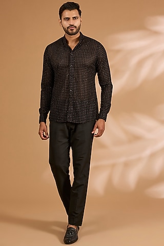 Black Georgette & Cotton Silk Pant Set by Rabani & Rakha Men