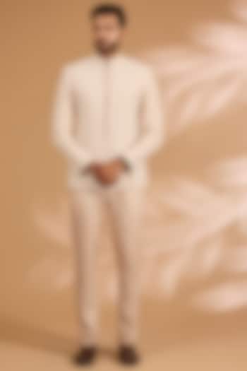 Salmon Pink Georgette Thread Work Wedding Bandhgala Set by Rabani & Rakha Men at Pernia's Pop Up Shop