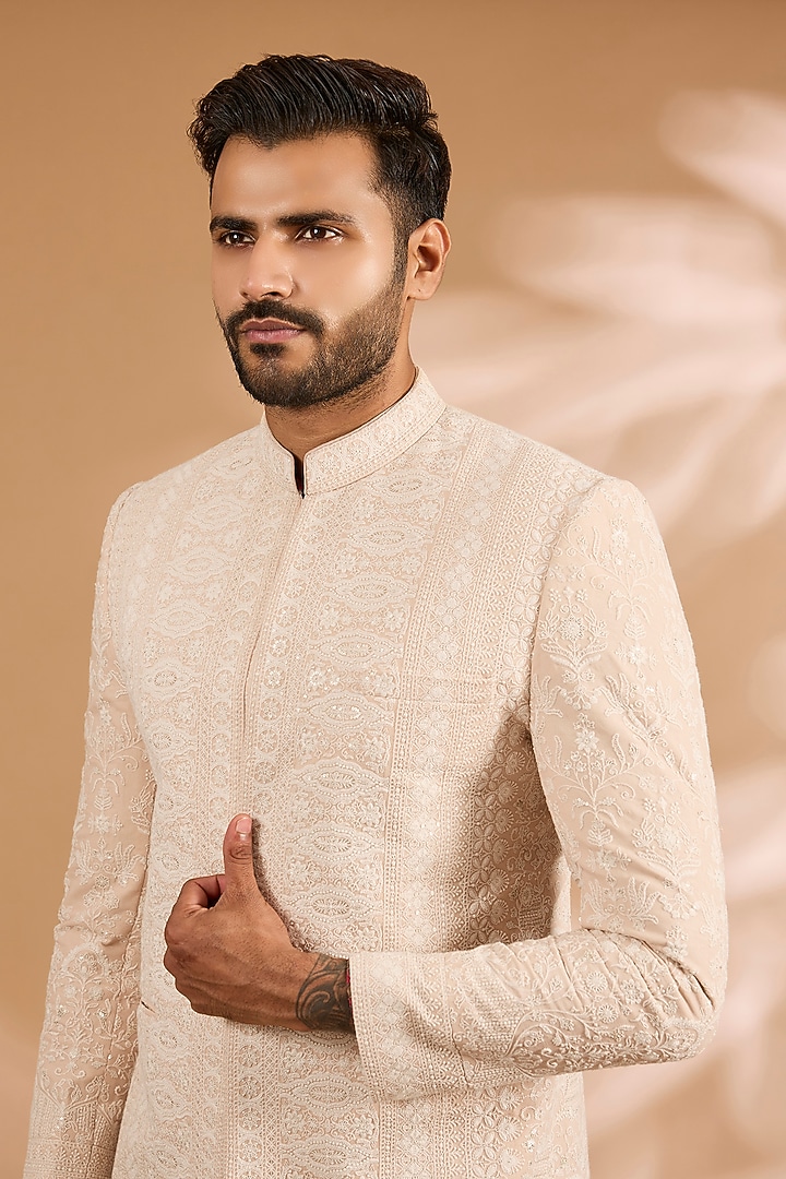 Salmon Pink Georgette Thread Work Wedding Bandhgala Set by Rabani & Rakha Men at Pernia's Pop Up Shop