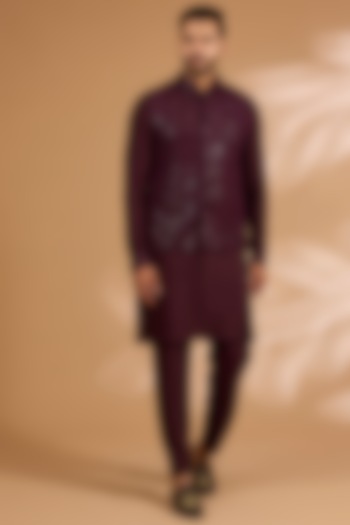 Ox-Blood Georgette Sequins Work Bundi Jacket Set by Rabani & Rakha Men at Pernia's Pop Up Shop