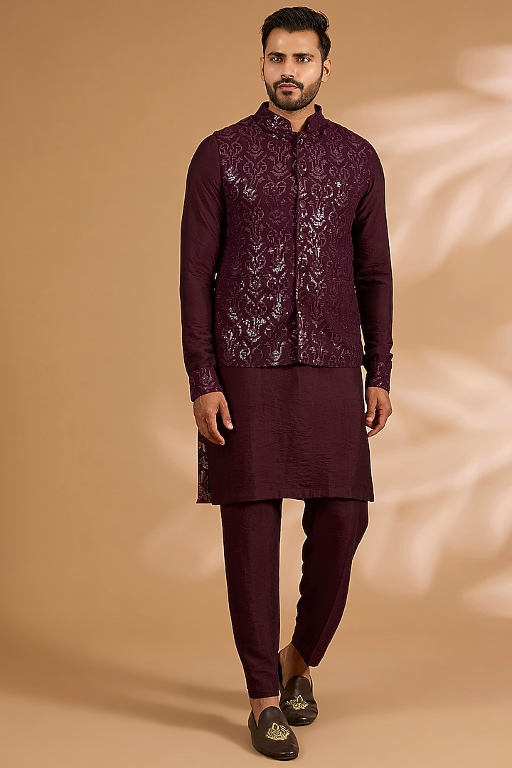 Ox-Blood Georgette Sequins Work Bundi Jacket Set by Rabani & Rakha Men at Pernia's Pop Up Shop