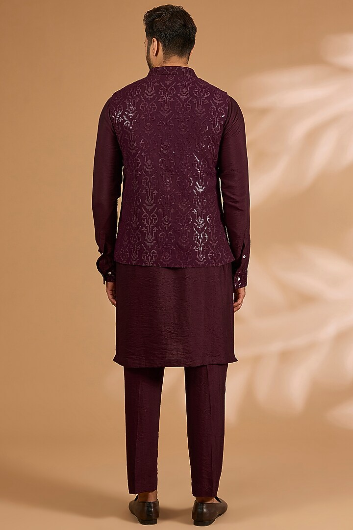 Ox-Blood Georgette Sequins Work Bundi Jacket Set by Rabani & Rakha Men at Pernia's Pop Up Shop