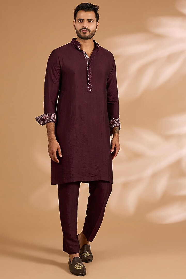 Ox-Blood Georgette Sequins Work Bundi Jacket Set by Rabani & Rakha Men at Pernia's Pop Up Shop