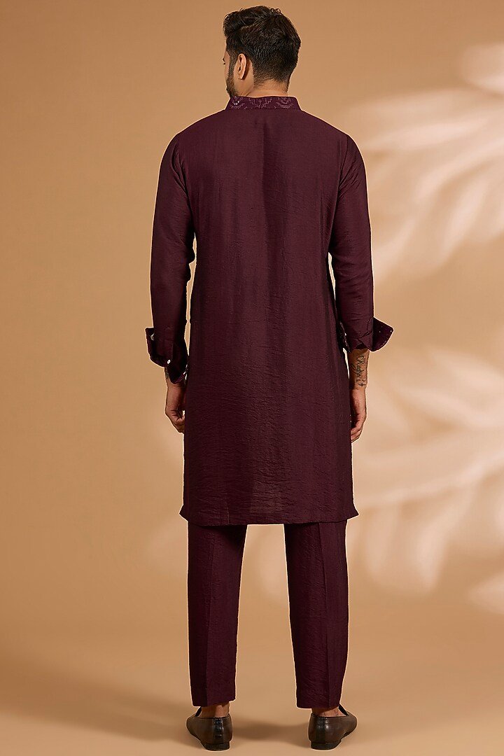 Ox-Blood Georgette Sequins Work Bundi Jacket Set by Rabani & Rakha Men at Pernia's Pop Up Shop