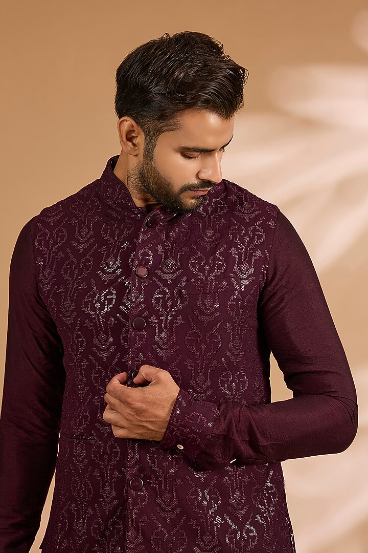 Ox-Blood Georgette Sequins Work Bundi Jacket Set by Rabani & Rakha Men at Pernia's Pop Up Shop