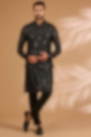 Black Georgette Sequins Work Bundi Jacket Set by Rabani & Rakha Men at Pernia's Pop Up Shop