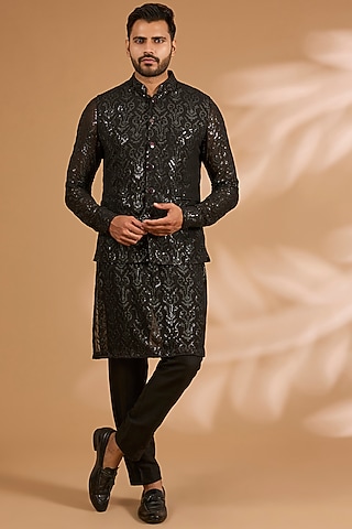 Black Georgette Sequins Work Bundi Jacket Set by Rabani & Rakha Men