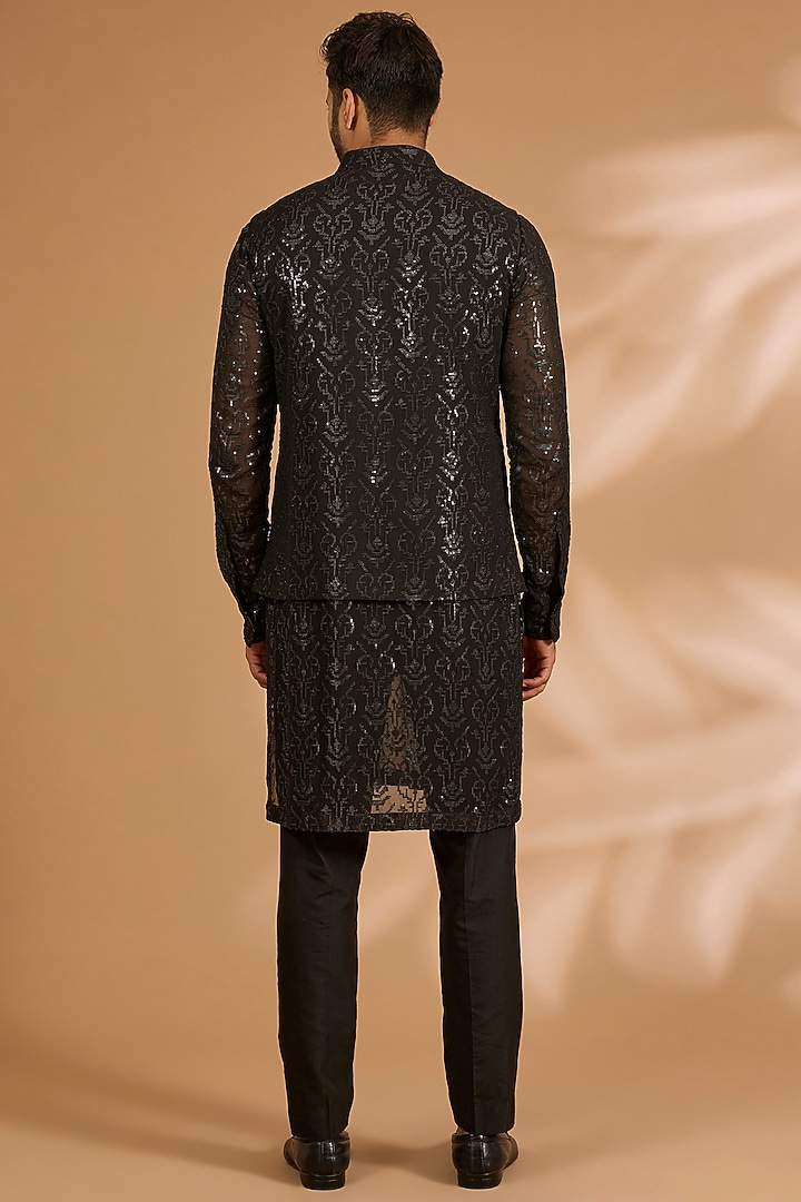 Black Georgette Sequins Work Bundi Jacket Set by Rabani & Rakha Men at Pernia's Pop Up Shop