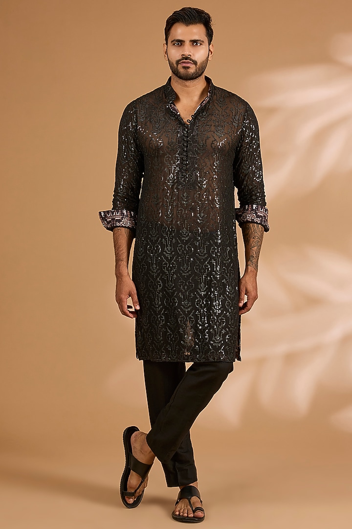 Black Georgette Sequins Work Bundi Jacket Set by Rabani & Rakha Men at Pernia's Pop Up Shop